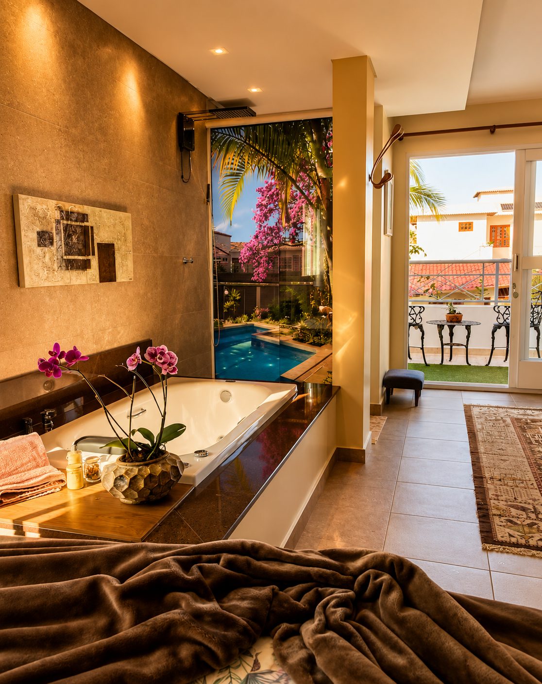Suíte com hidromassagem e vista para a piscina no Lago Sul
