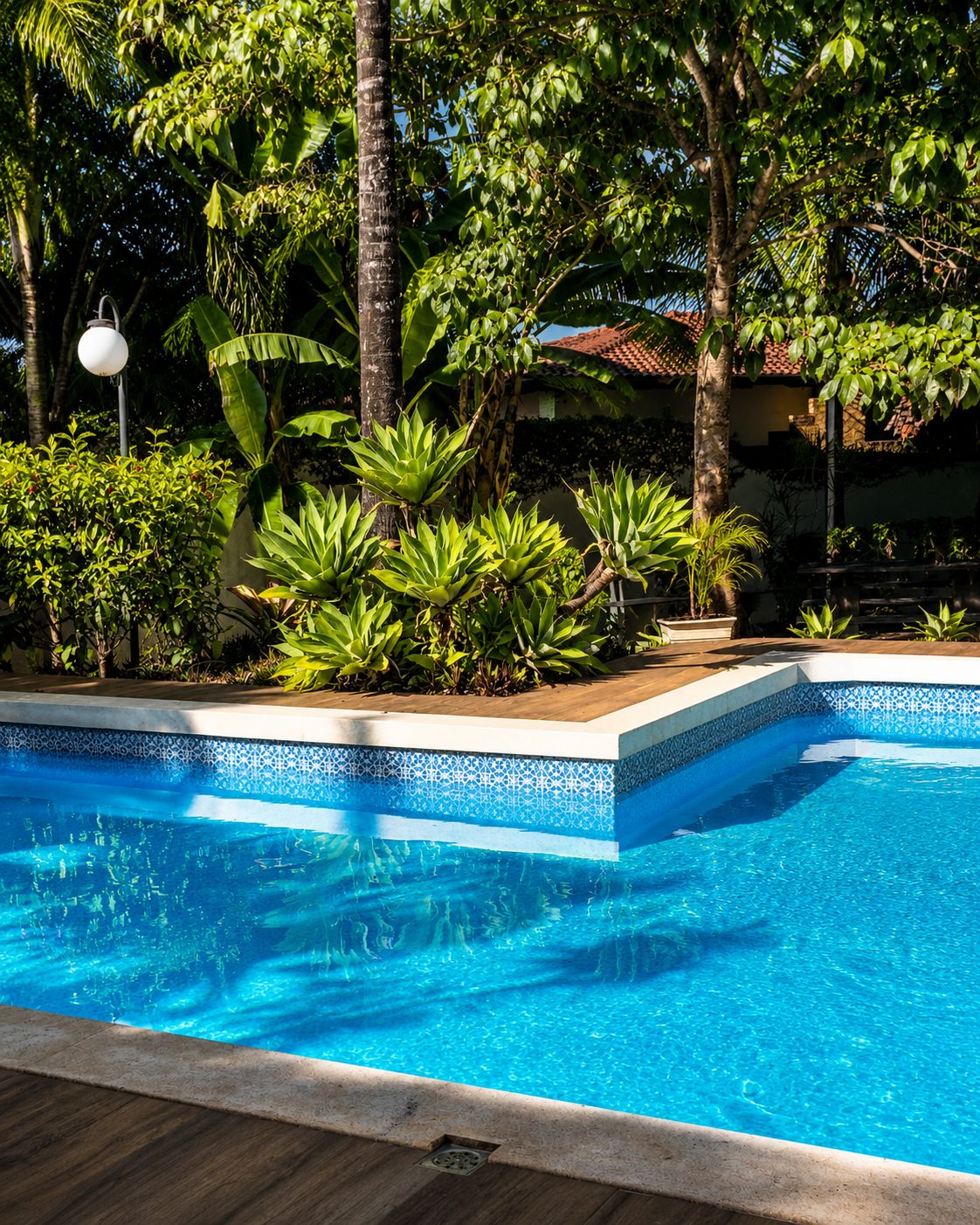 Piscina cercada de vegetação tropical